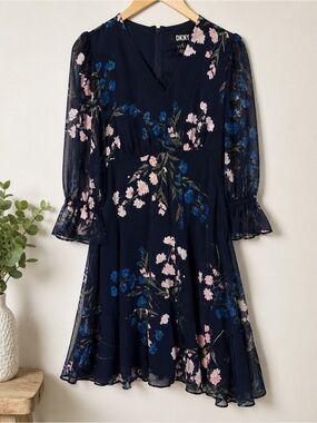 DKNY Women’s Navy Floral Chiffon Faux Wrap Midi Dress 3/4 Bell Sleeve Size 2